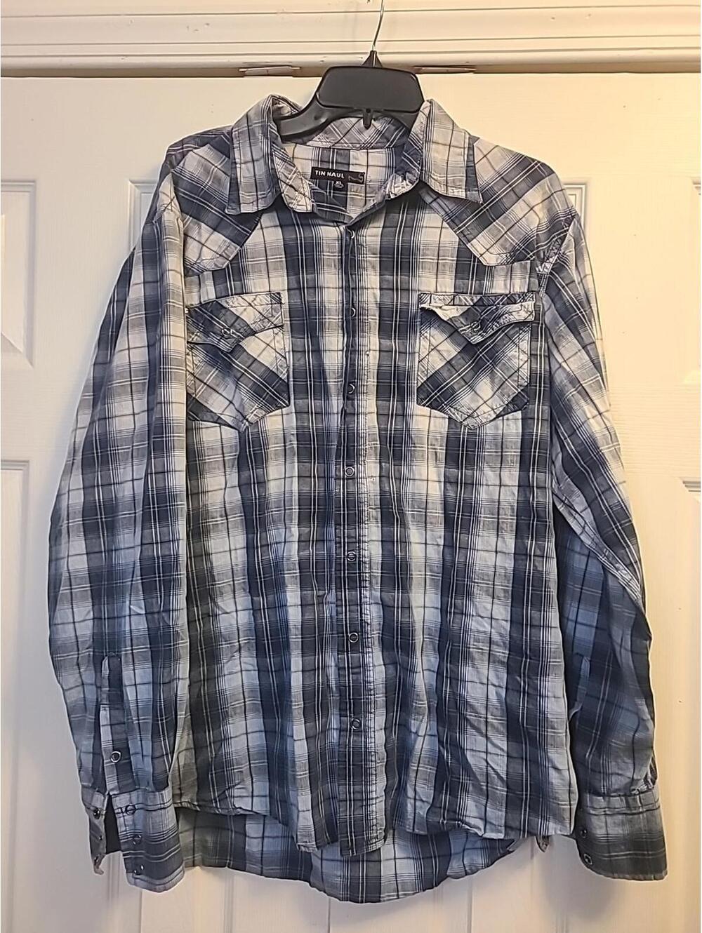 Tin Haul Womens Button Up Western Shirt Snap Blue & White Plaid Size XL Pockets